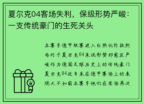 夏尔克04客场失利，保级形势严峻：一支传统豪门的生死关头